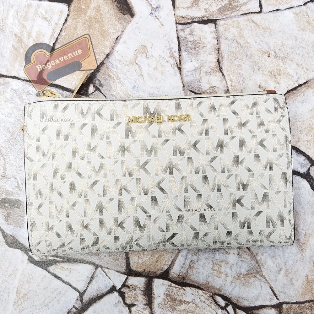#bagsavenue jet set travel large double zip wristlet vanilla new michael kors